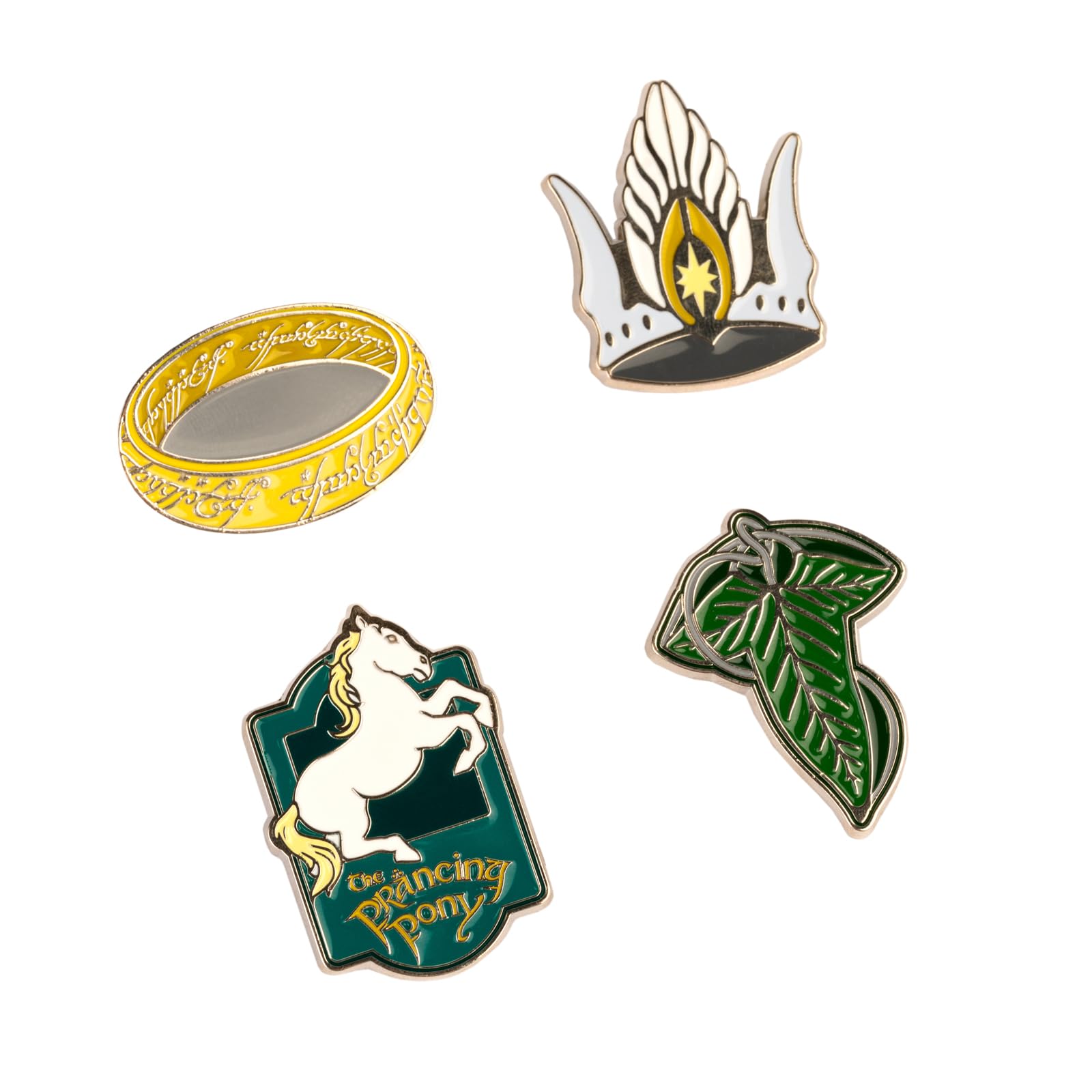 Grupo Erik Set of 4 Enamel Pins - The Lord of The Rings Gifts - Leaf of Lorien, One Ring, Prancing Pony, Crown of Gondor | Cute Pin Badges, Bag Pins | Lord of The Rings Merchandise, LOTR Gifts