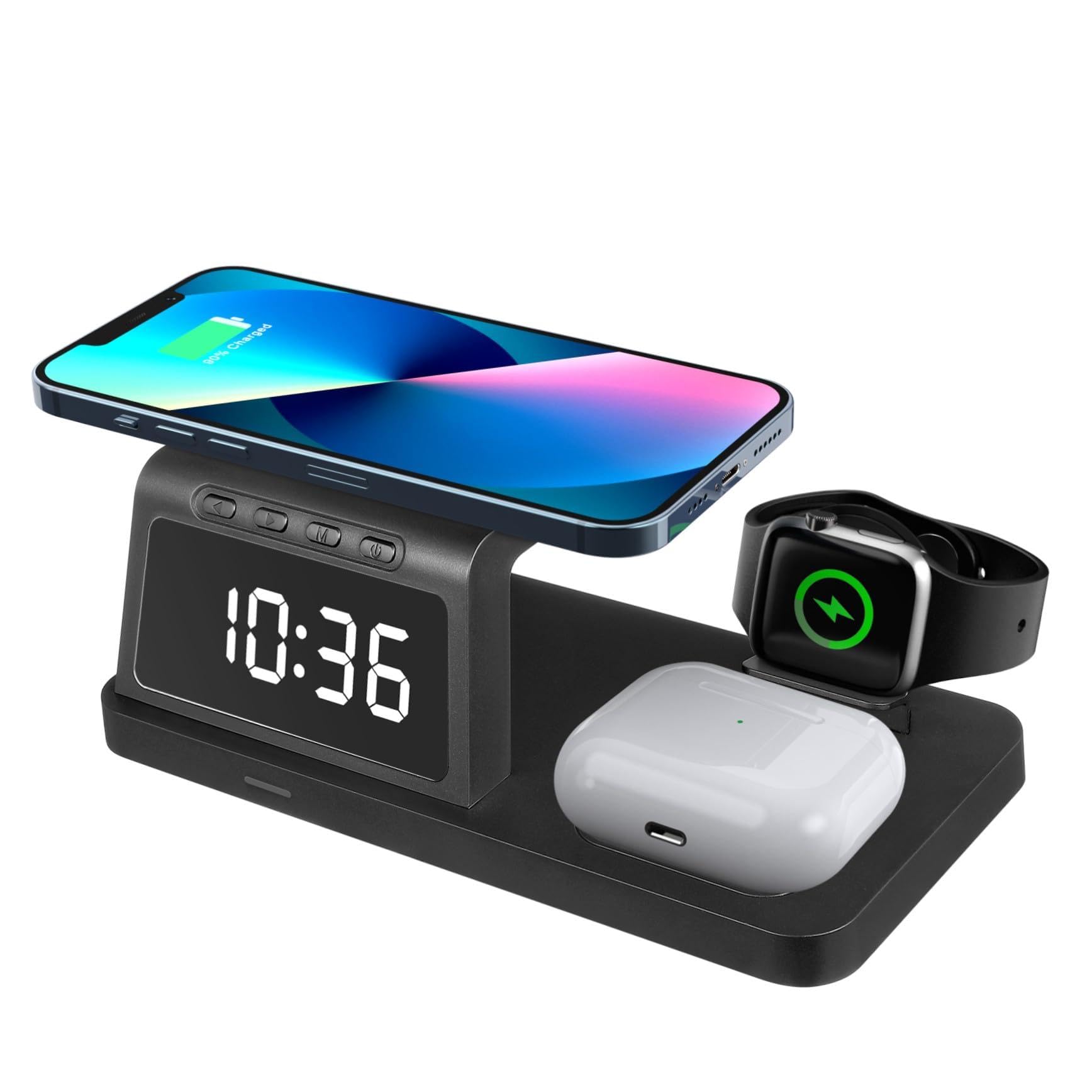 TEHAUX Station de Charge sans Fil avec Horloge Numérique LED Support de Charge Rapide pour Téléphone et Montres Connectées