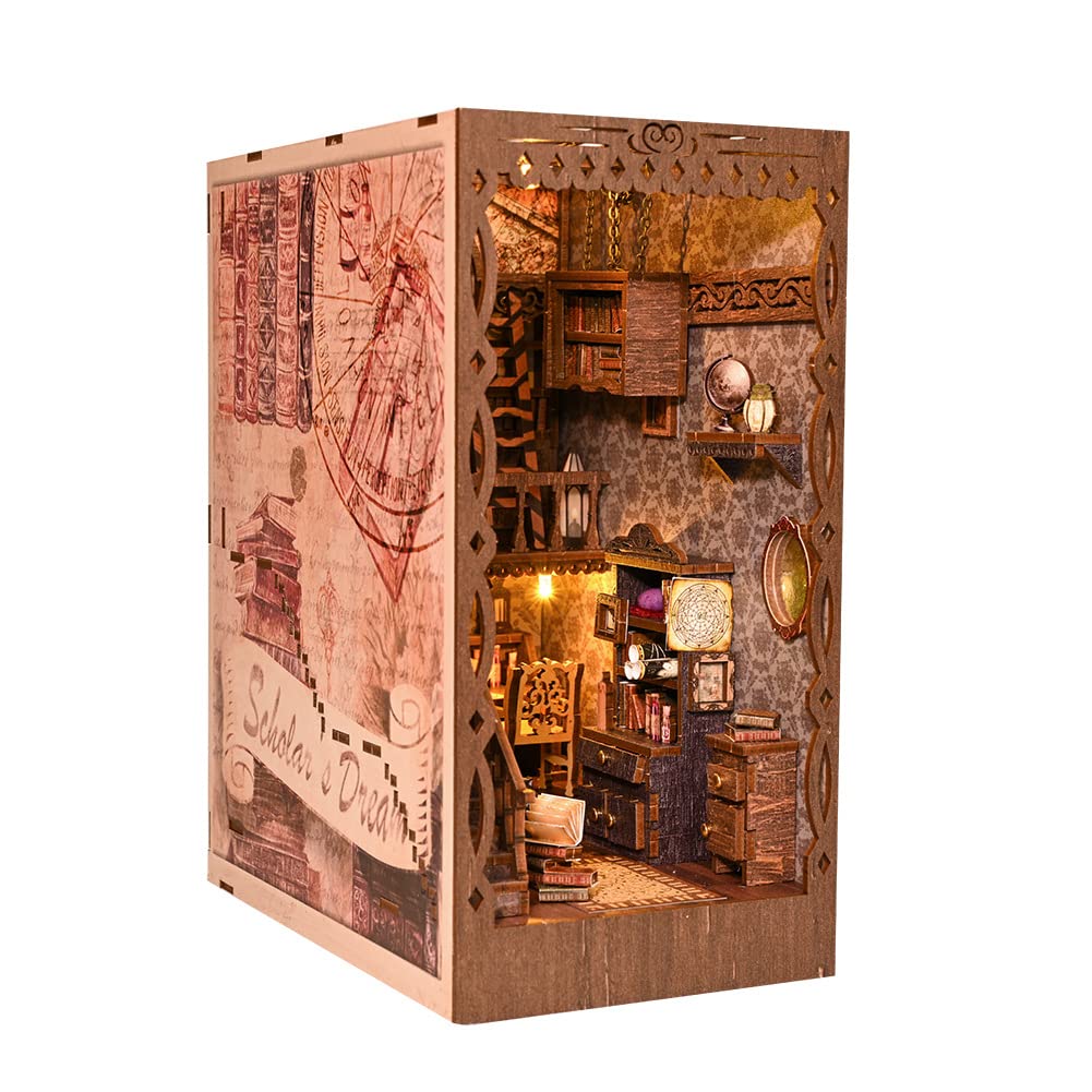 SXDMOUBK 3D Wooden Puzzle Bookshelf Insert Decor with Sensor Light Music Box,DIY Dollhouse Miniature Book Nook Assemble Kit,Bookends Model Build-Creativity Kit for Adults Women Birthday Gift