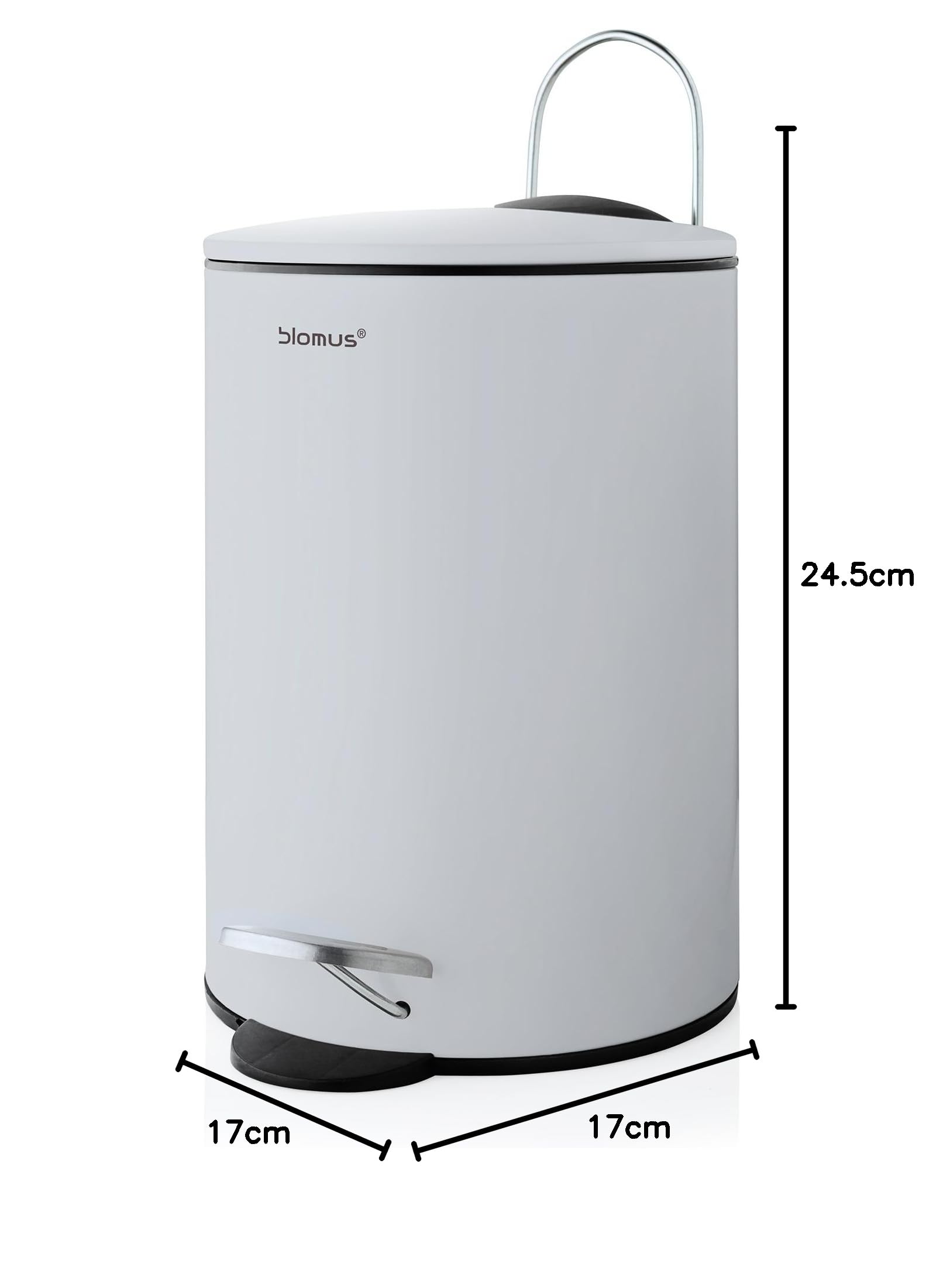 blomus -TUBO - Kosz na pedały ze stali malowanej proszkowo, Moon-Grey, pojemność 3 l, system Smart Close, wyjmowane wiadro, ekskluzywne akcesoria łazienkowe (wys. / szer. / głęb.): 24,5 x 17 x 17 cm,