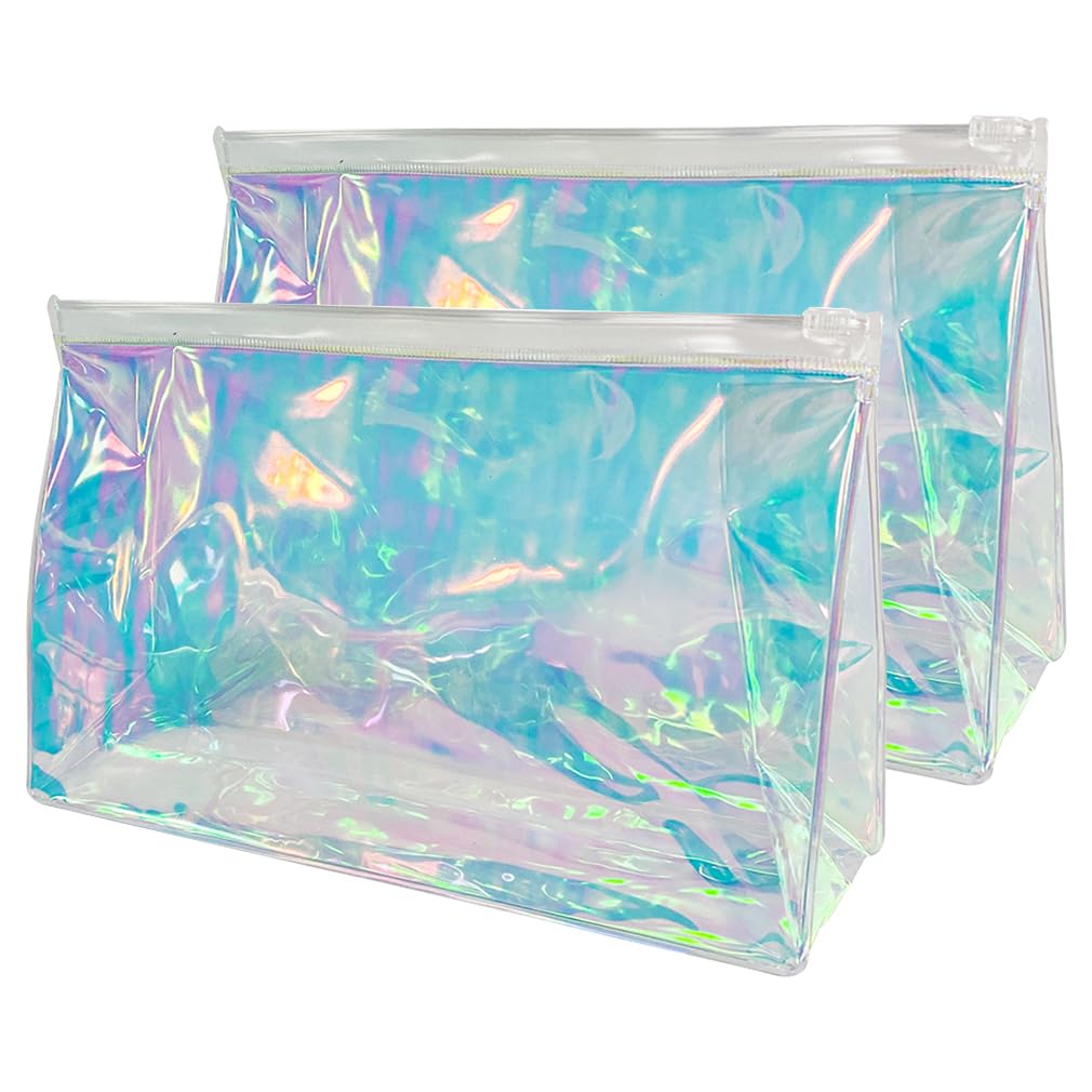 TotePrint 2 PCS Holographic Clear Makeup Pouch 10x6x3 Iridescent Cosmetic Bag Portable Waterproof PVC Makeup Pouch Gift Bag Zippered Toiletry Bag