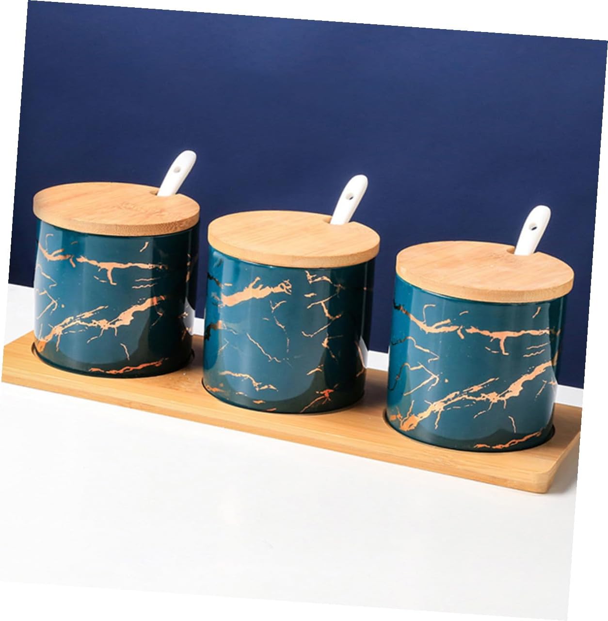 Ceramic Spice Box Set with Lid and Spoon, Emerald Marble Pattern 3pcs Condiment Containers for Kitchen Seasoning Storage