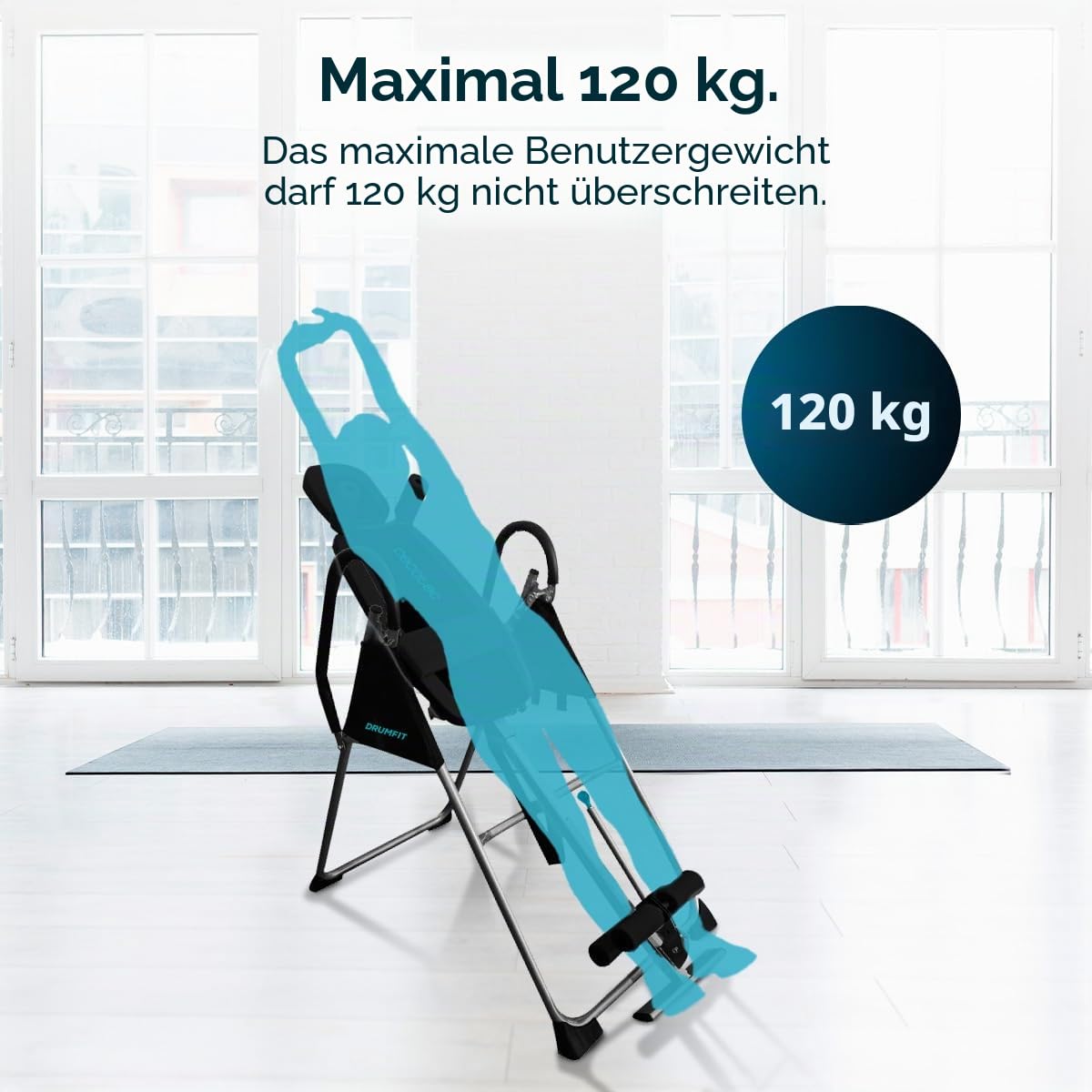 Cecotec Faltbare Inversionsbank mit vollständiger 180º-Inversion Drumfit Inversion 1800. Dehnt den Rücken, Sicherheitsgurt und Polster, 26 einstellbare Stufen, maximales Gewicht 120 kg.