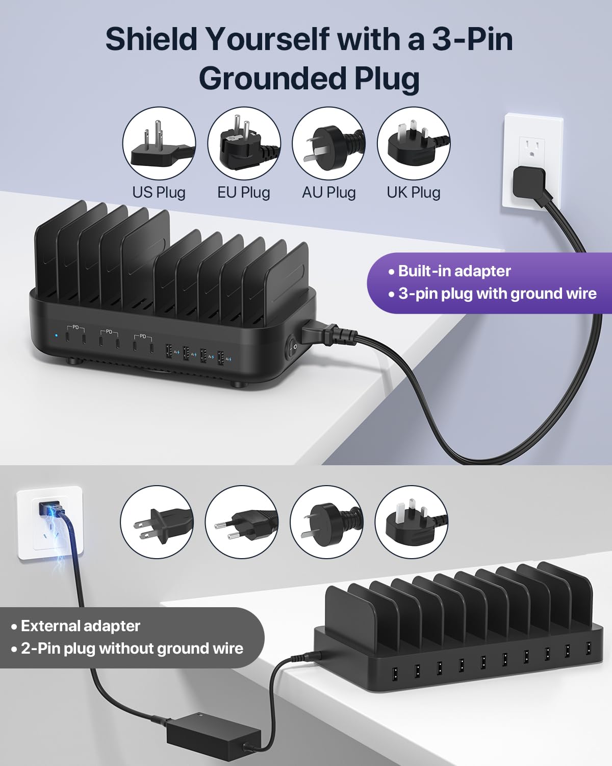 SooPii Stazione di ricarica da 100 W a 10 prese con 6 porte USB-C veloci, 4 porte USB-A e 10 cavi misti per telefoni cellulari lPhone, Galaxy, lPad e Android, ideale per casa, ufficio o ristorante