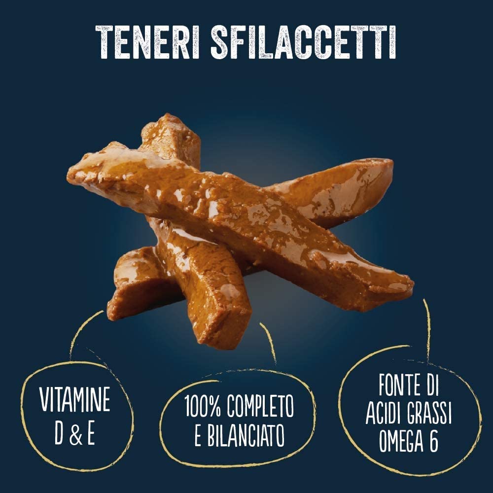 Felix Purina Sfilaccetti Rustici Cibo Umido per Gatti con Manzo, Pollo, Tonno e Salmone 48 buste da 80g