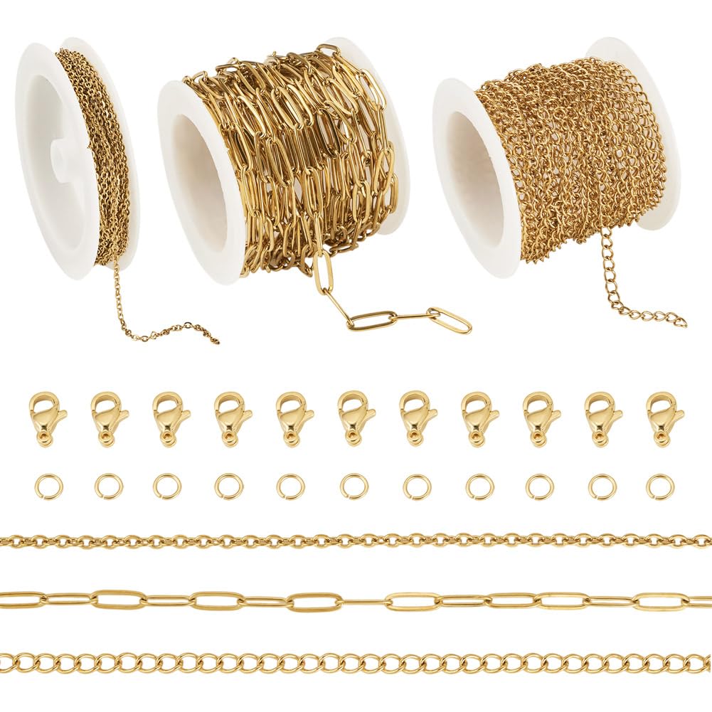 Boutigem 3 rotoli da 12 m di catena in acciaio inox dorato, kit per la creazione di braccialetti e collane, catena a maglia barbazzale ovale in metallo, per la creazione di gioielli fai da te