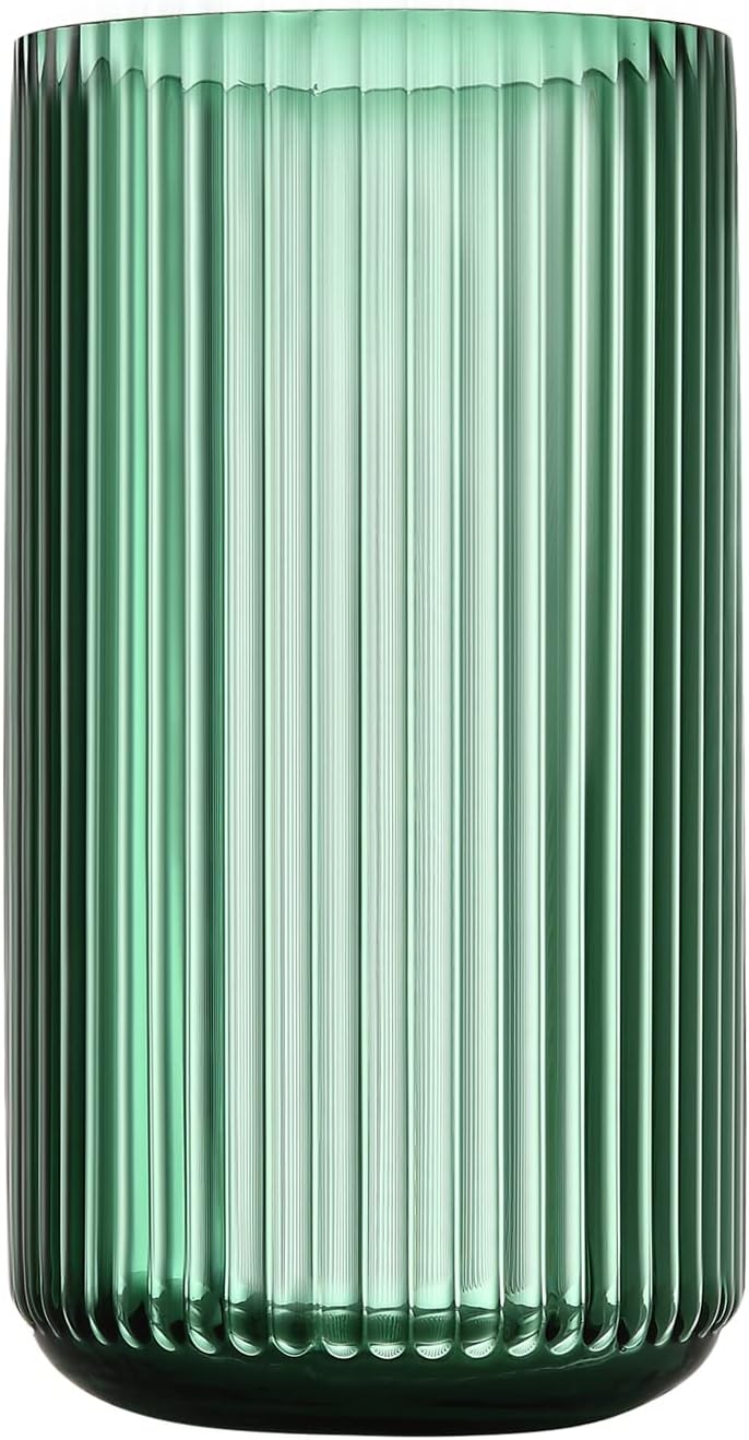 Large Cylinder Ribbed Green Glass Flower Vase for Farmhouse Dining Table Centerpieces Decor