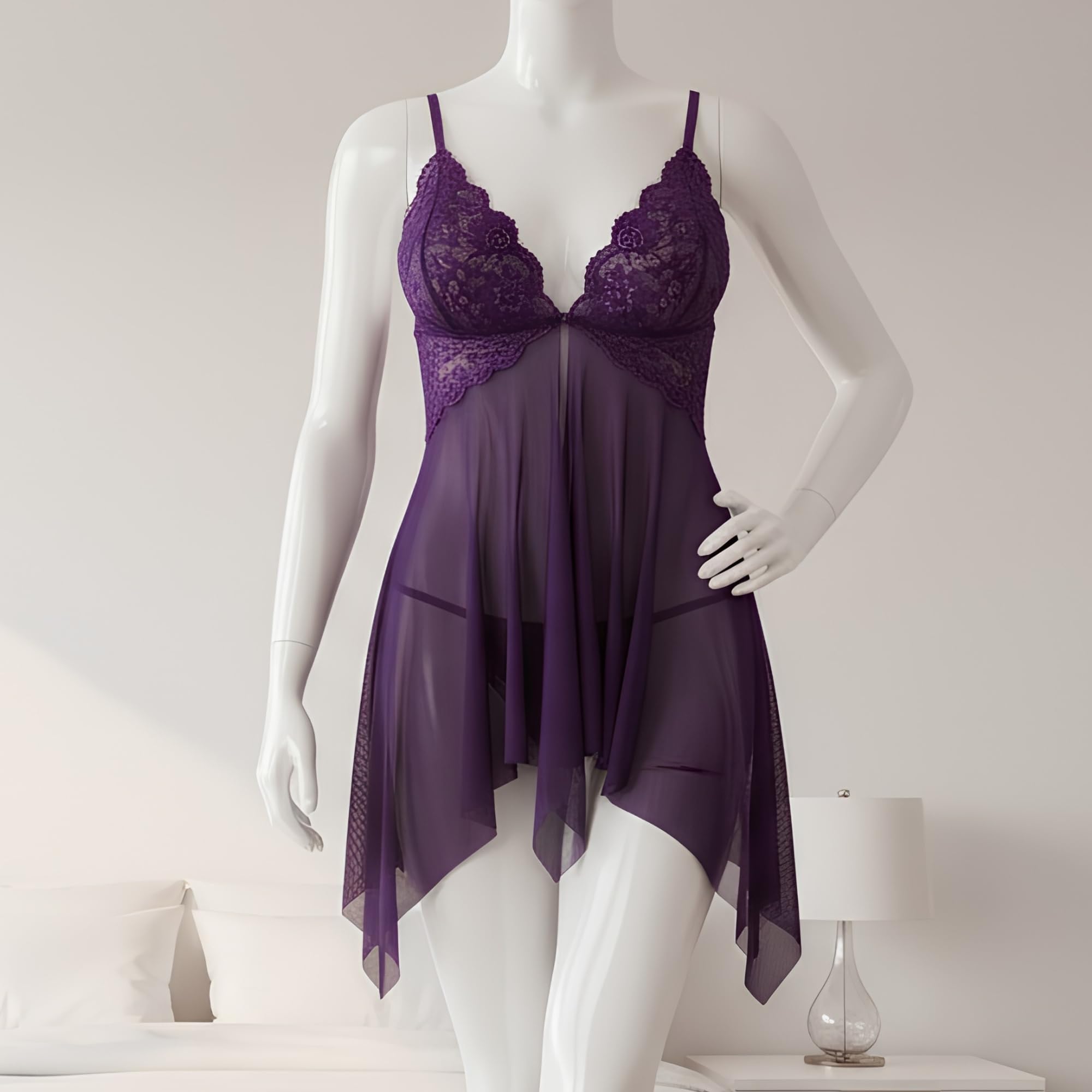 Women Babydoll Lingerie Set Lace Mesh Sheer Purple Nighty V-Neck Spaghetti Strap Nightdress Honeymoon Sleepwear-image-22