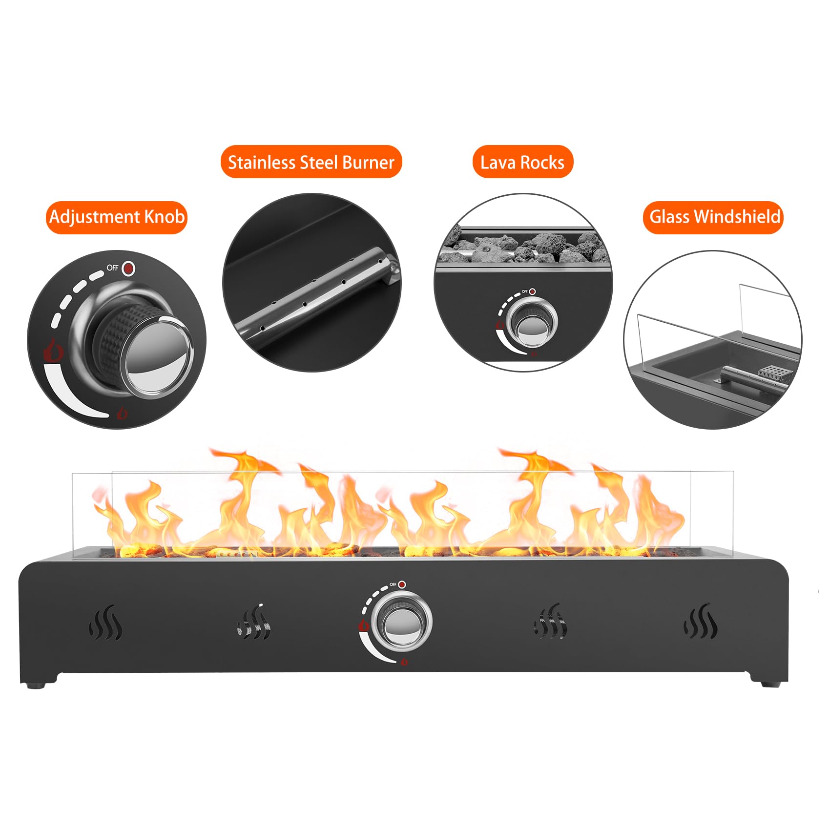 Onlyfire Braciere a gas rettangolare da tavolo, 6,5 kW, riscaldatore esterno con pietre laviche e protezione antivento in vetro, braciere propano per patio, cortile