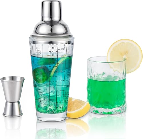 Ailelan Coctelera de vidrio con colador, coctelera de Martini de 14 onzas con 6 recetas en el lado, botella coctelera transparente con medidas,