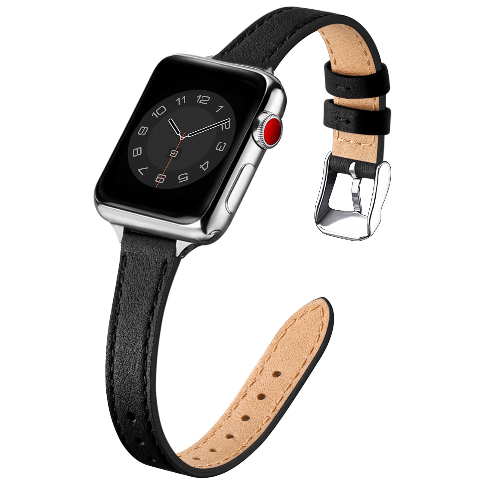 SUNFWR Compatible with Apple Watch Strap 38mm 40mm 41mm,Genuine Leather Strap Replacement,Slim&Thin Wristband for iwatch Series 7/6/5/4/3/2/1,SE(38mm 40mm 41mm,Black&Silver)