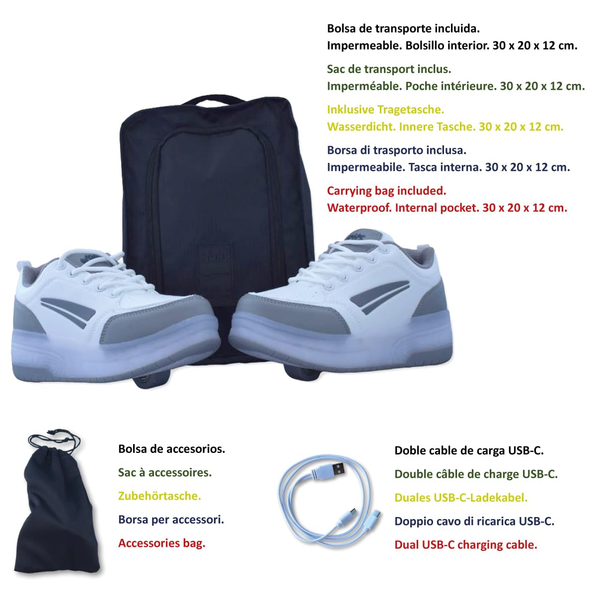 Zapatillas Deportivas con Dos Ruedas y Luces. Recargables, 16 Efectos de Luces. Rueda Trasera automática.