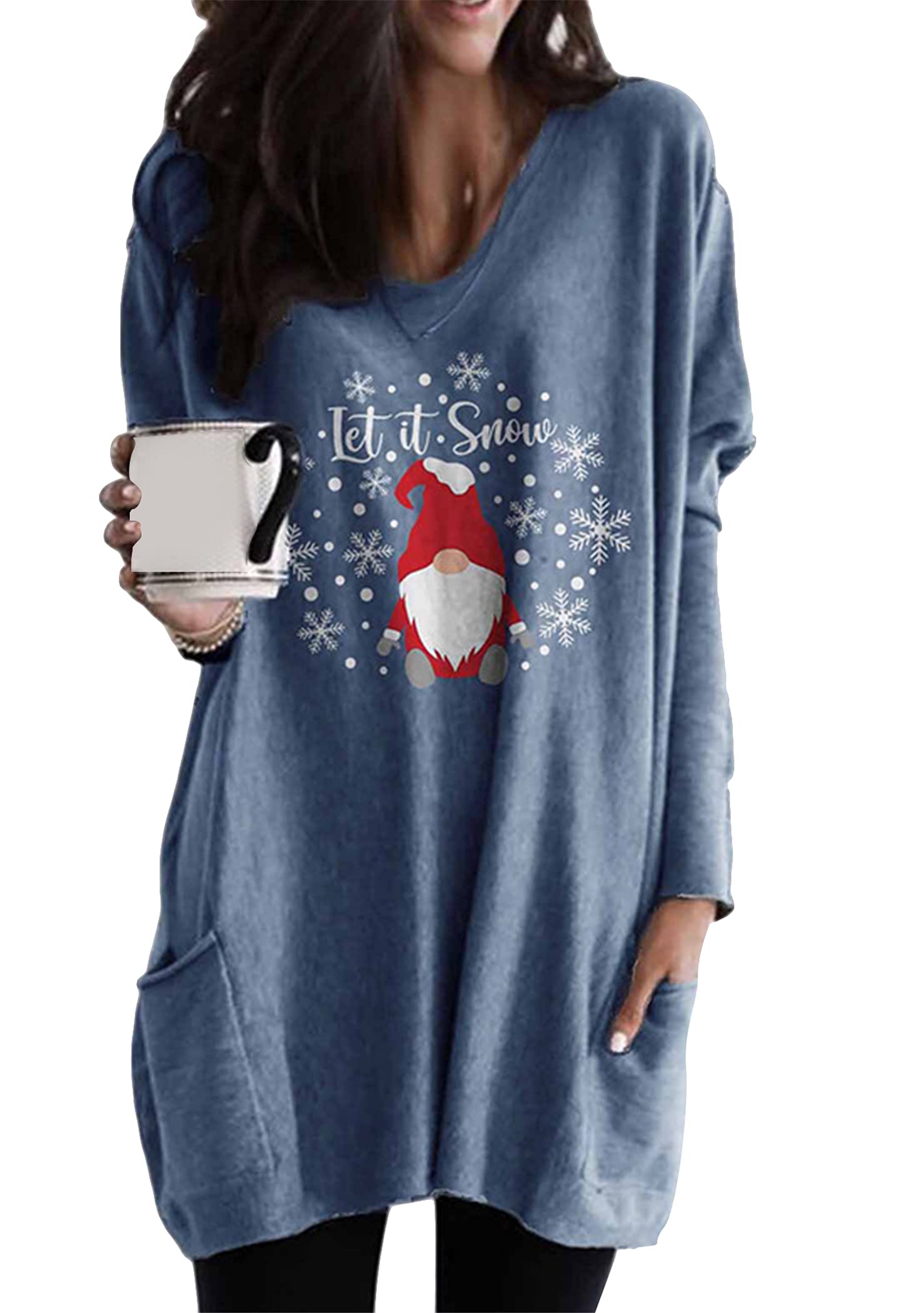 OMZIN Women Christmas Sweatshirt O-Neck Pullover Tops Novelty Funny Graphic Long Sleeve T-Shirts Xmas Holiday Casual Sweatshirt Blouse with Pockets