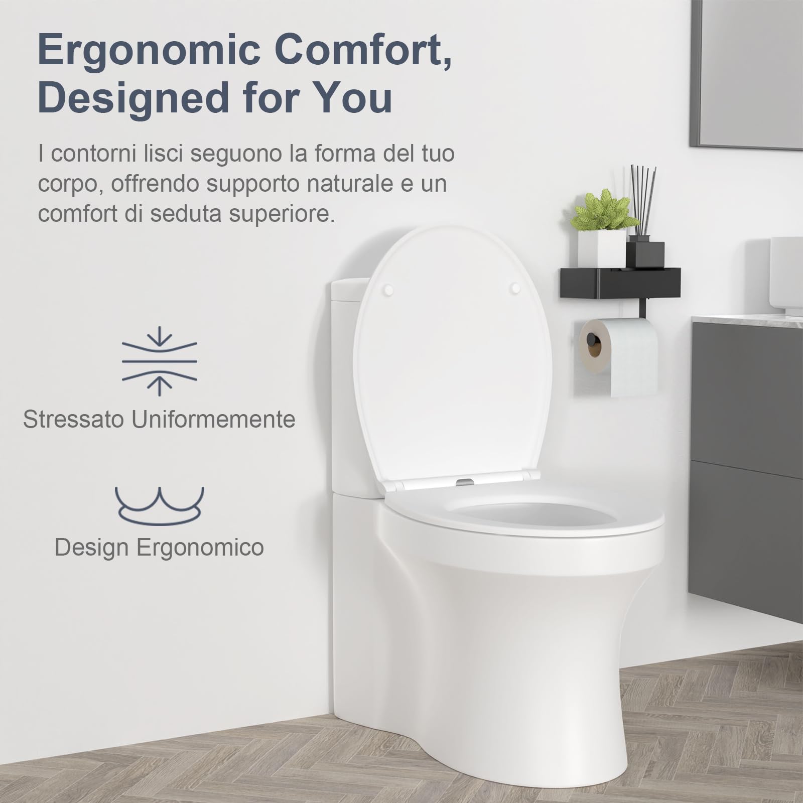 SURFOU Tavoletta WC con Chiusura Ammortizzata, Duroplast di Alta Qualità, Forma a O, Sgancio Rapido per Facile Pulizia, Supporta fino a 200 kg, con Gancetti in Gomma per Fissaggio Stabile