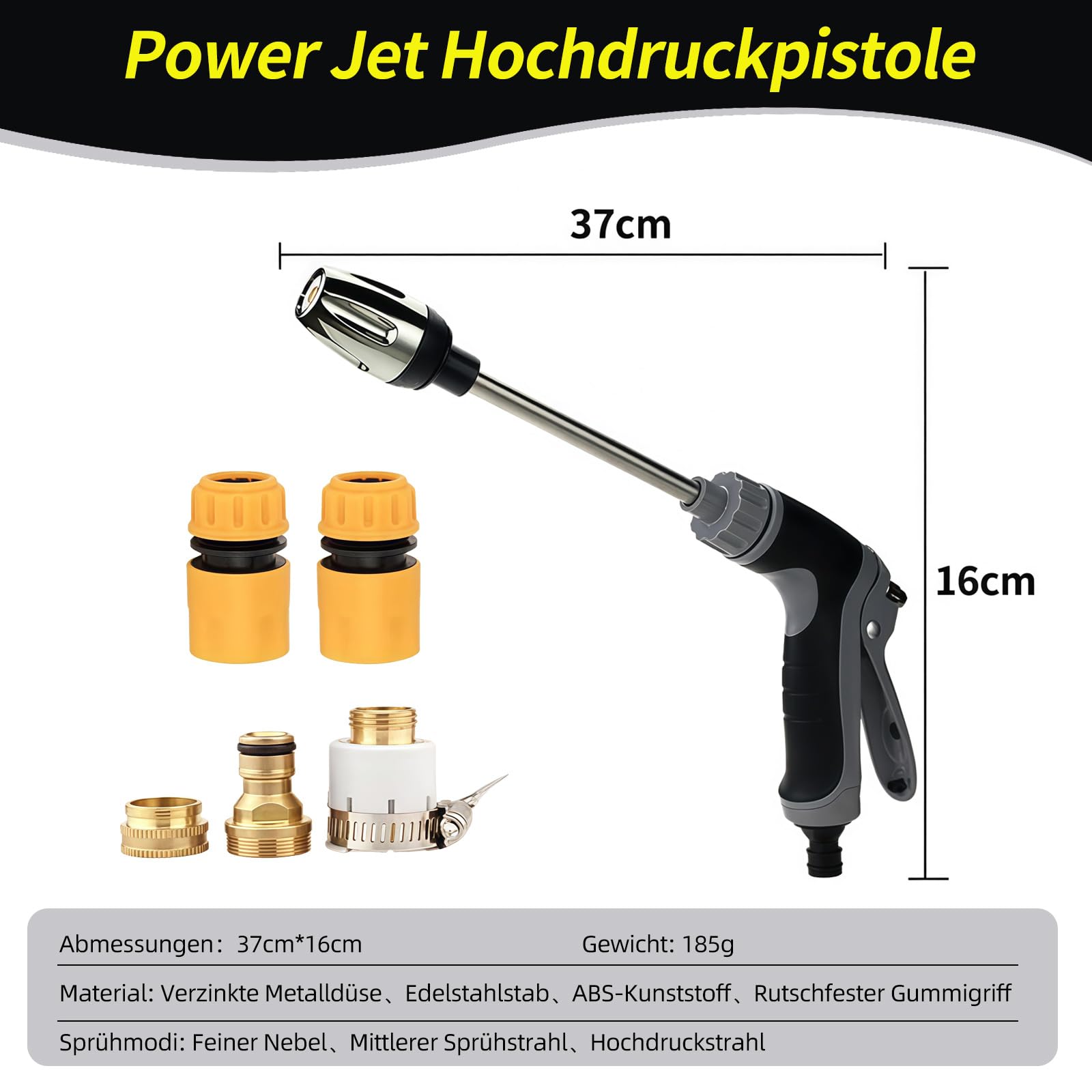 Power Jet Pistolet à haute pression Set de tuyau de jardin, nettoyeur haute pression avec adaptateur en laiton, 3 modes de pulvérisation