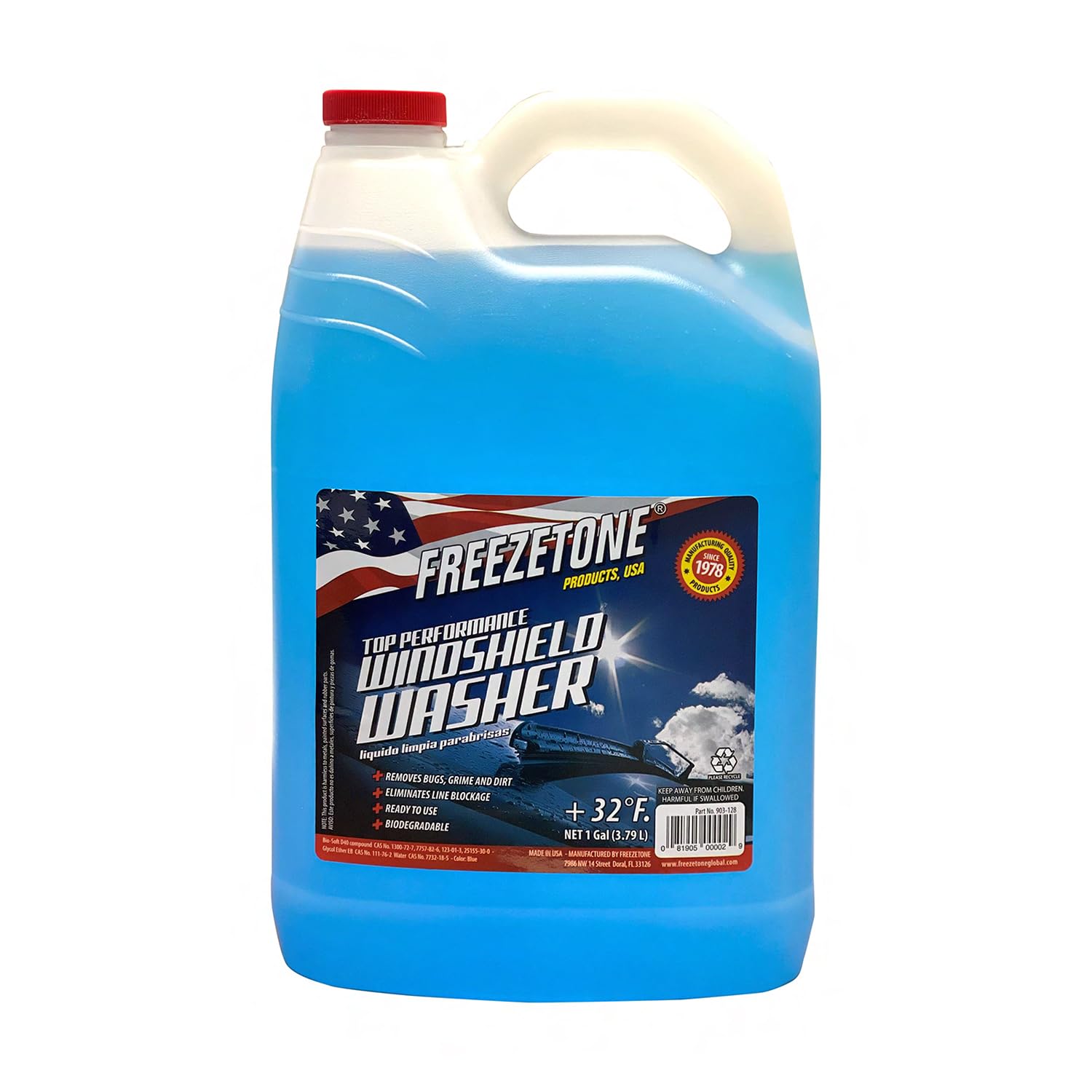 FREEZETONE TOP PERFORMANCE WINDSHIELD WASHER FLUID +32 F. REMOVES BUGS,GRIME AND DIRT 1 GAL USA MADE 903-128