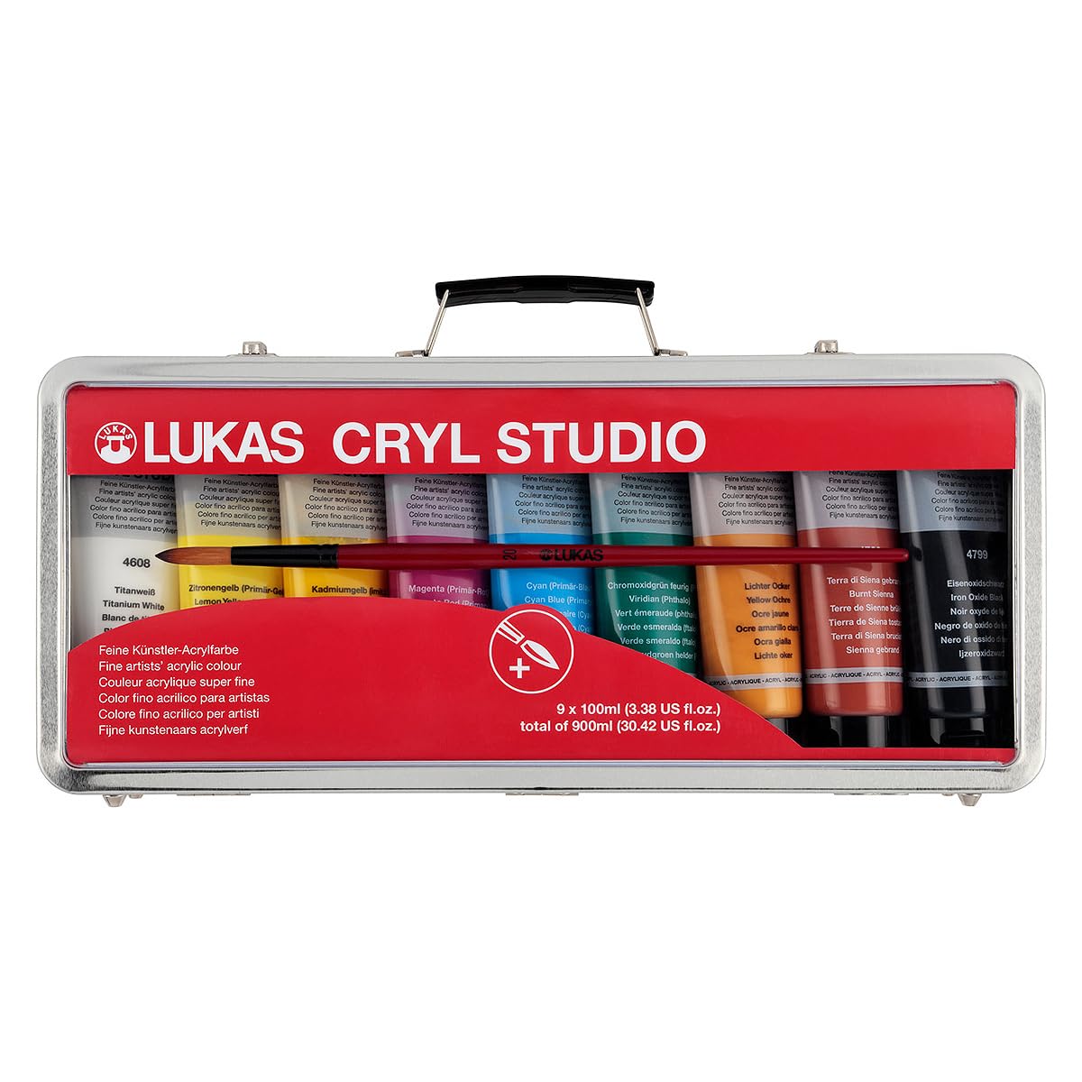 LUKAS CRYL Studio Acrylic Suitcase Set of 9, 100ml Tubes - Art Supplies for Artists, Medium-Viscosity, Water-Mixable, Fast Drying, Paint Bottle