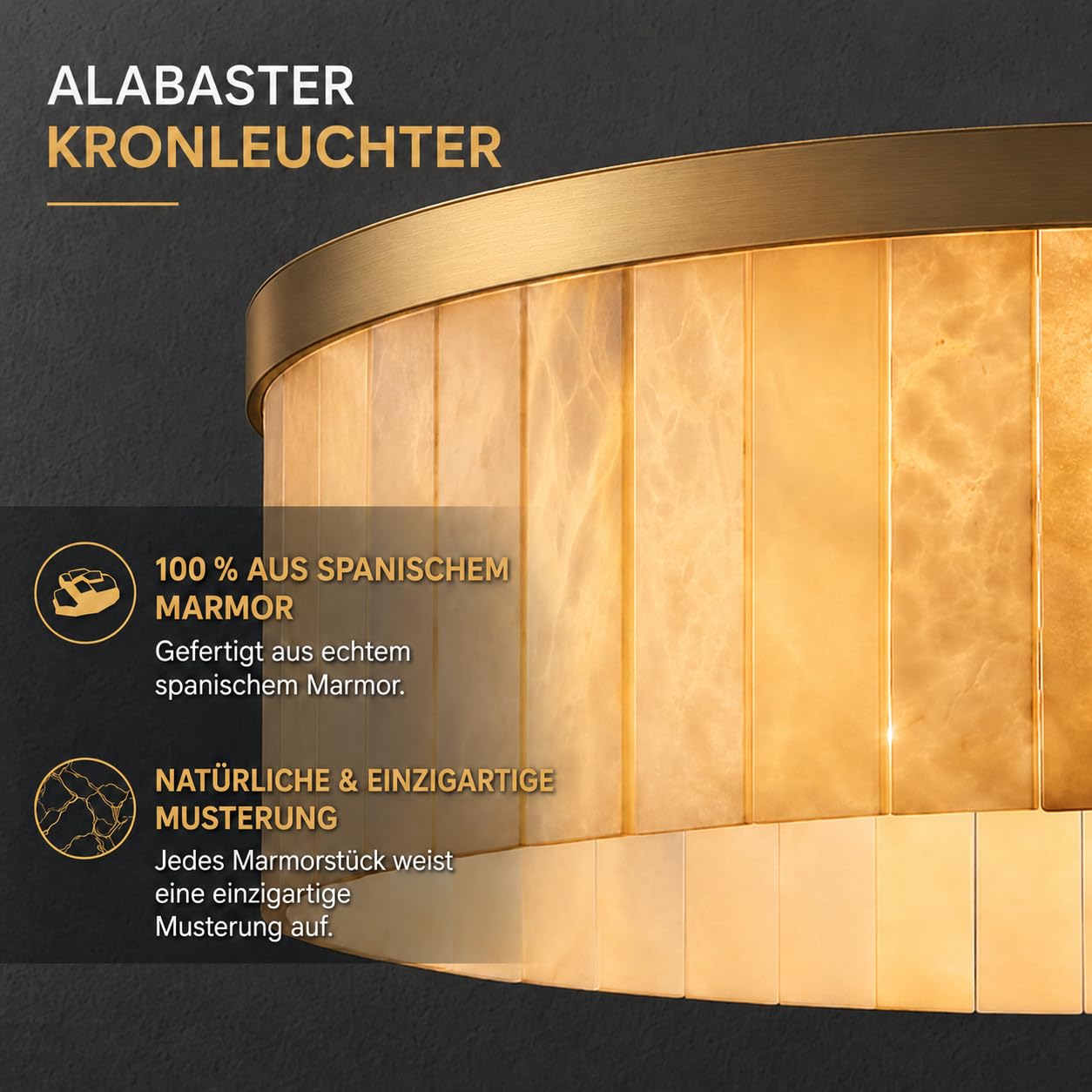 Luxus Alabaster Pendelleuchte Rund Ø105cm, Spanischer Marmor Kronleuchter Höhenverstellbar, Gold Hängeleuchte Esstisch, Wohnzimmer, Foyer
