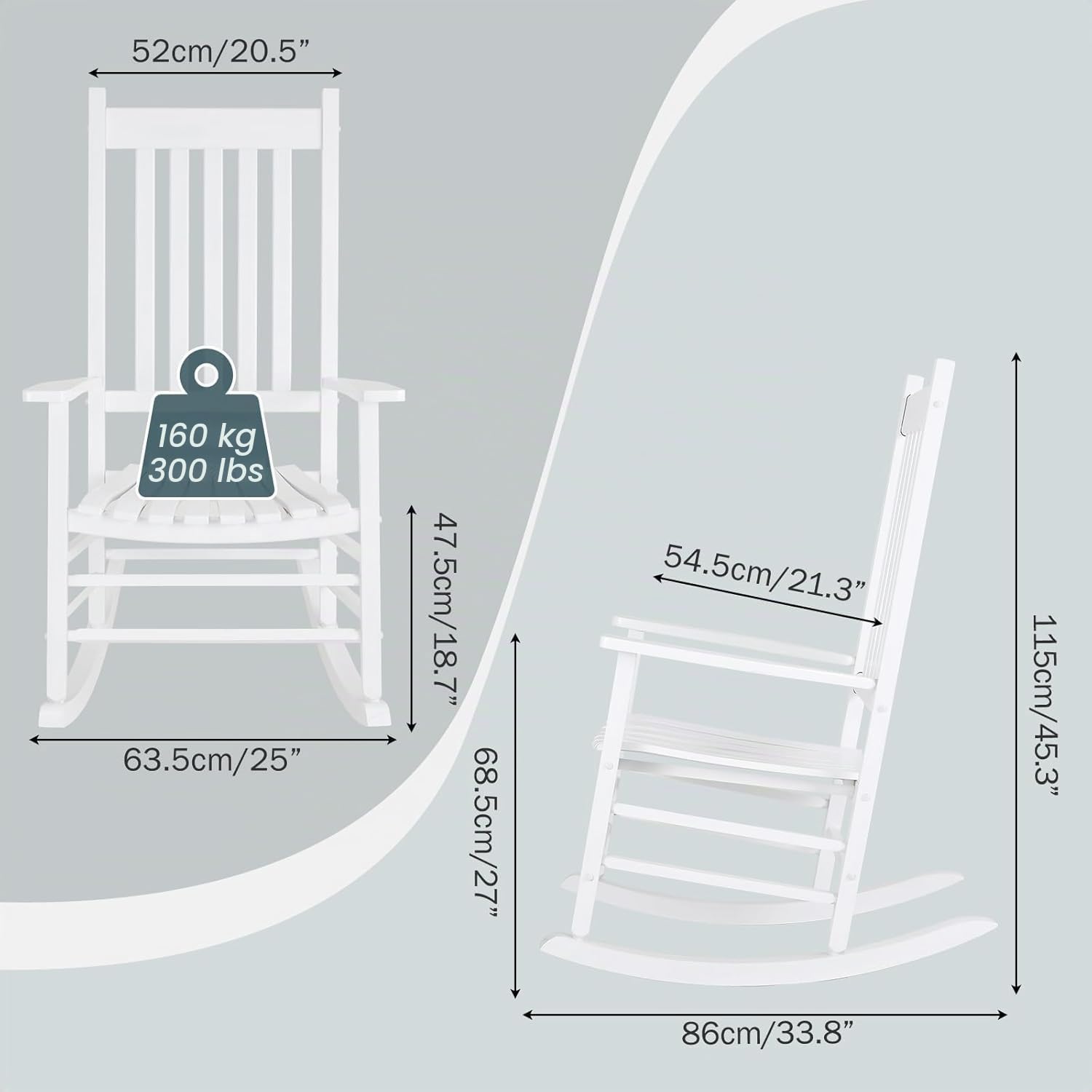 MAMIZO Chaise à bascule d'extérieur en bois avec dossier haut, chaise à bascule d'intérieur surdimensionnée, facile à assembler, pour jardin, pelouse, balcon, véranda (blanc, 1 pièce)