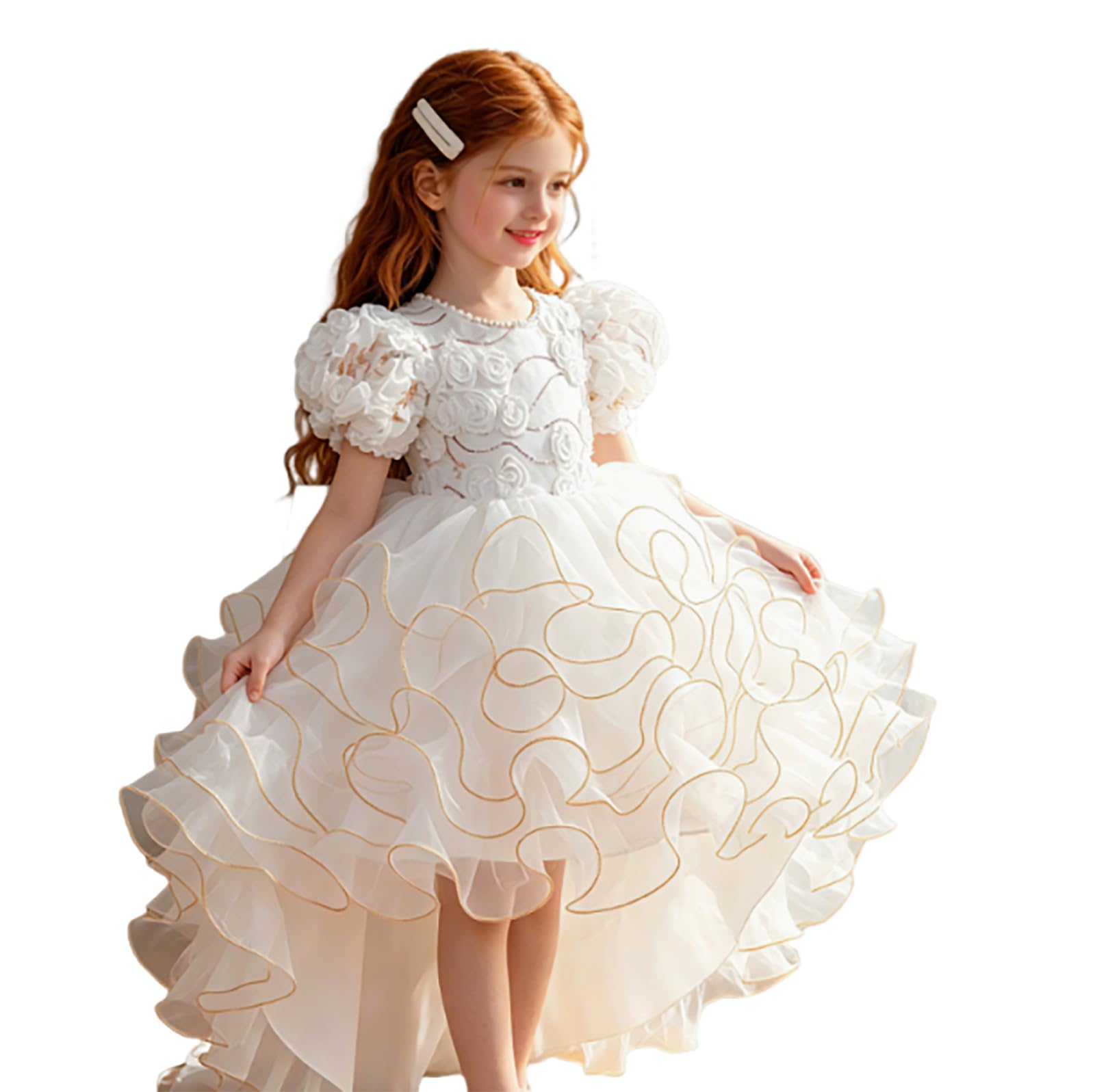 OTMYIGO Prinzessinnenkleid für Mädchen, 3D-Blumenrüschen-Tüll-Tutu-Kleid für Blumenmädchen Geburtstags Hochzeits- und Ballkleid