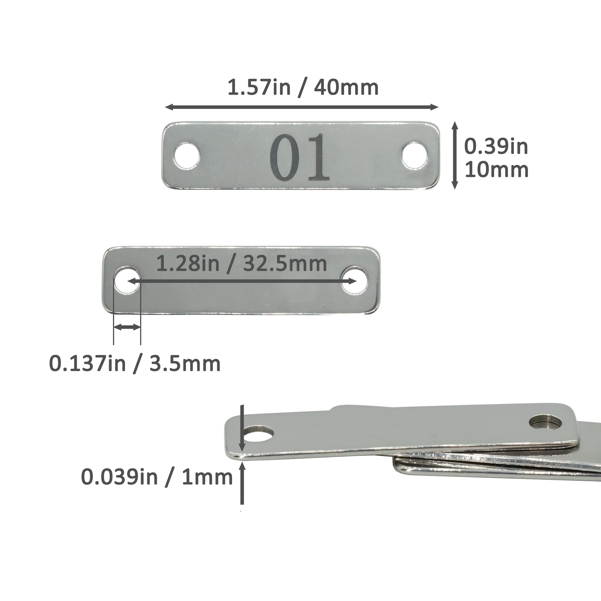 Small Stainless Steel Rectangle Numbered Tags with Two Holes 4cm*1cm (1-30), Silver - Image 2