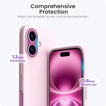 URUCHI iPhone 16 Plus ile Uyumlu Kılıf, İçi Kadife Kaplamalı İnce Sıvı Silikon Tam Koruma Yumuşak Jel Silikon Kapak, Pudra Pembe