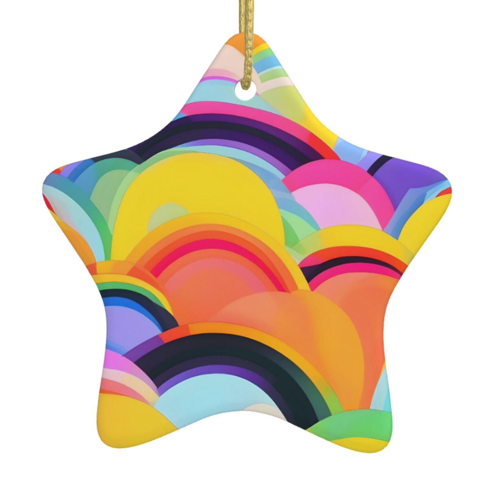 Rainbow Pattern Print Christmas Ornaments, Ceramic Hanging Ornament, Round Shape Decorations