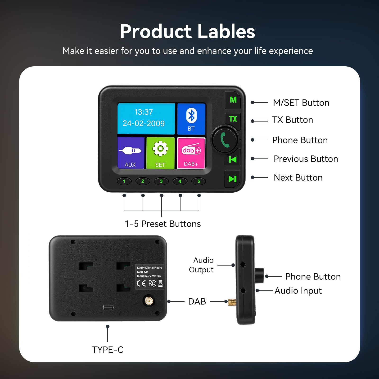 Adattatore DAB DAB+ per autoradio con Bluetooth, trasmettitore FM | Adattatore DAB Plus per auto, ingresso e uscita AUX, antenna ad alta sensibilità, chiamate in vivavoce, display da 2,8"