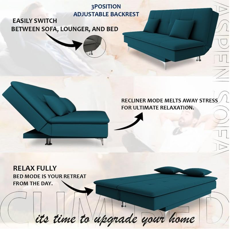 Image of Adorn India Premium New Aspen 3 Seater Sofa Cum Bed 4X6 Velvet Suede with 2 Cushions (Color Ocean Blue) and Suitable for All Indoor, with 3 Years Warranty