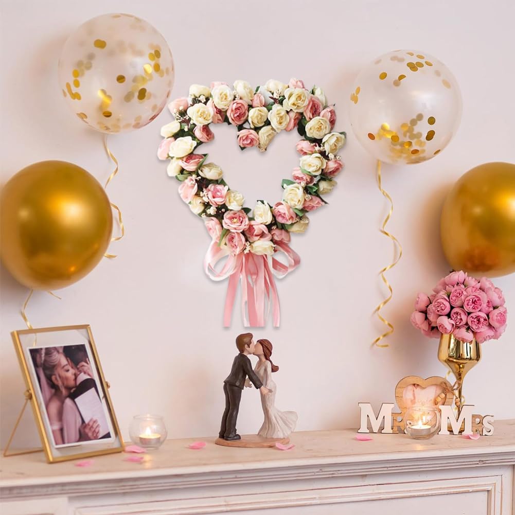 Amazon｜JOYWU ハート型ローズリース、14インチ リボン付き