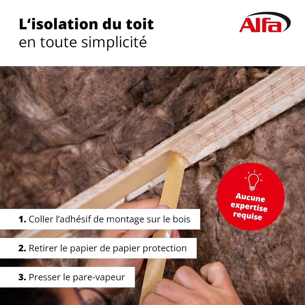 Alfa Ruban adhésif double face pour pare-vapeur – 20 mm x 50 m – 4 pièces | Fixation pour frein-vapeur et membrane de sous-toiture, sans solvants, usage intérieur et extérieur, remplace l’agrafage