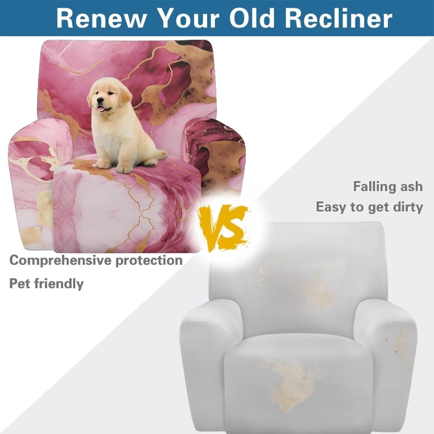 FOR U DESIGNS Pink Marble Breathable Recliner Slipcovers Stay in Place for Small Recliners Soft Stretch Sofa Covers with Side Pockets Easy Install Scratch Proof
