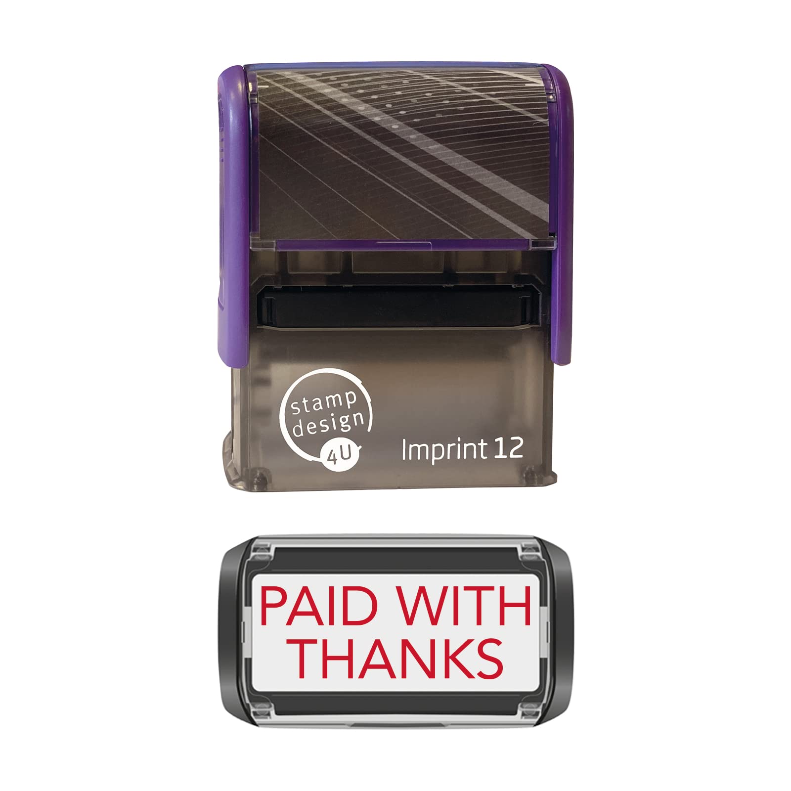 Stamp Design 4U Imprint 12 RED 48 x 18mm Self-Inking Rubber Stamp - Paid with Thanks in Red Ink