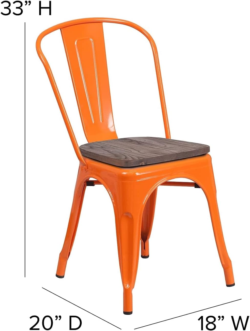 BOWERY HILL Industrial Stackable Metal Dining Side Chair, 17.5” Seat Height, Orange Powder Coat Finish, Walnut Elm Wood Seat, Bistro Style for Kitchen, Dining Room, Office, or Restaurant Use