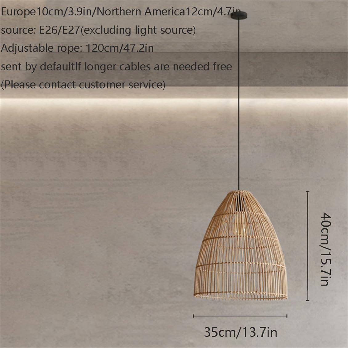 Large Rustic Light 15.7 inch Fixture Bamboo Cage Lighting-Light Adjustable Basket Shade Handmade Island Lights E26 for Kitchen Farmhouse Dining Room Living Room/35Cm