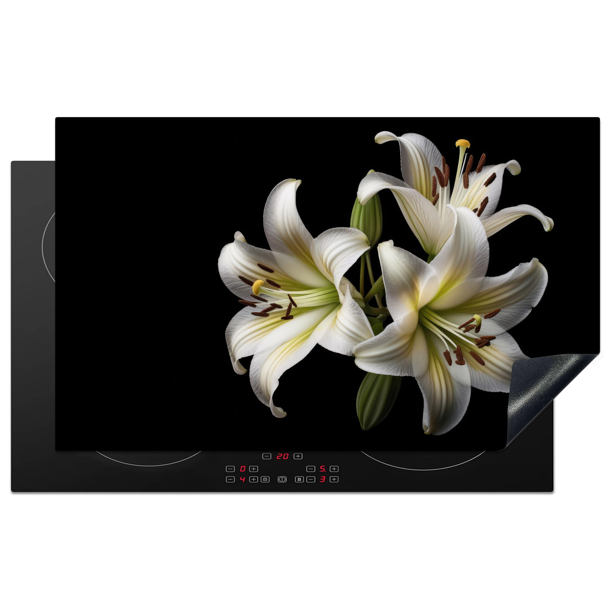 KitchenYeah© Induction Hob Protector Mat 20.5"x33.5" / 85x52 cm Stove Cap Top Cover Kitchen Cooker Covers for Electric Hobs Vinyl Lily - Flowers - White - Nature - Botanical — image 1