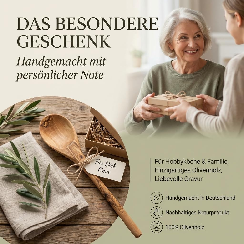 Kochlöffel personalisiert, Olivenholz - Handgemachter Holzkochlöffel mit Gravur als individuelles Geschenk
