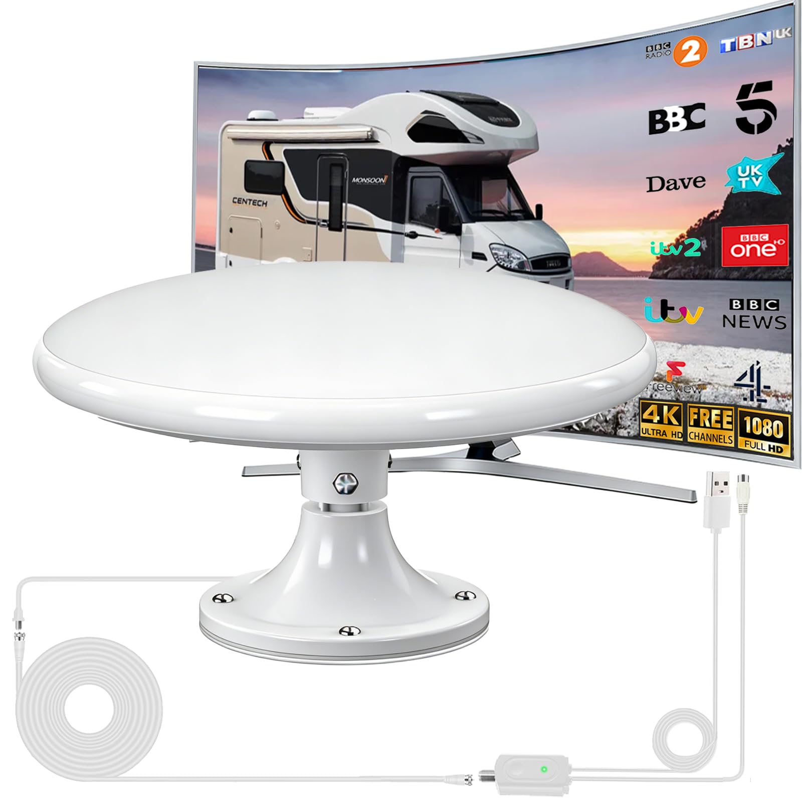 Antenna TV esterna, Freeview HD RV TV, antenna omnidirezionale a lungo raggio a 720°, antenna per ricezione Smart TV, per caravan/camper/camper/yacht/soffitta