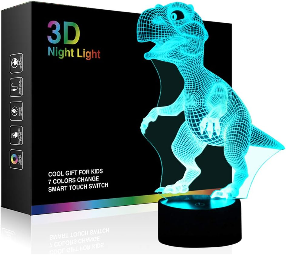 Tiscen 3D Illusion Night Light, LED Table Desk Lamps, Dinosaur Nightlights, 7 Colors USB Charge Lighting Bedroom Home Decoration for Kids Christmas Halloween Birthday Gift
