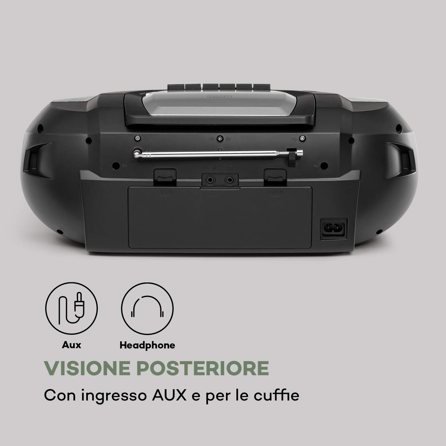 auna Roadie 2K - Boombox, Radio DAB+/FM, Lettore CD, CD-R/CD-RW/CD-MP3, Radiocassette, Portatile, USB, MP3/WMA, Bluetooth 5.0, AUX, Alimentazione a Corrente e Batteria, Argento