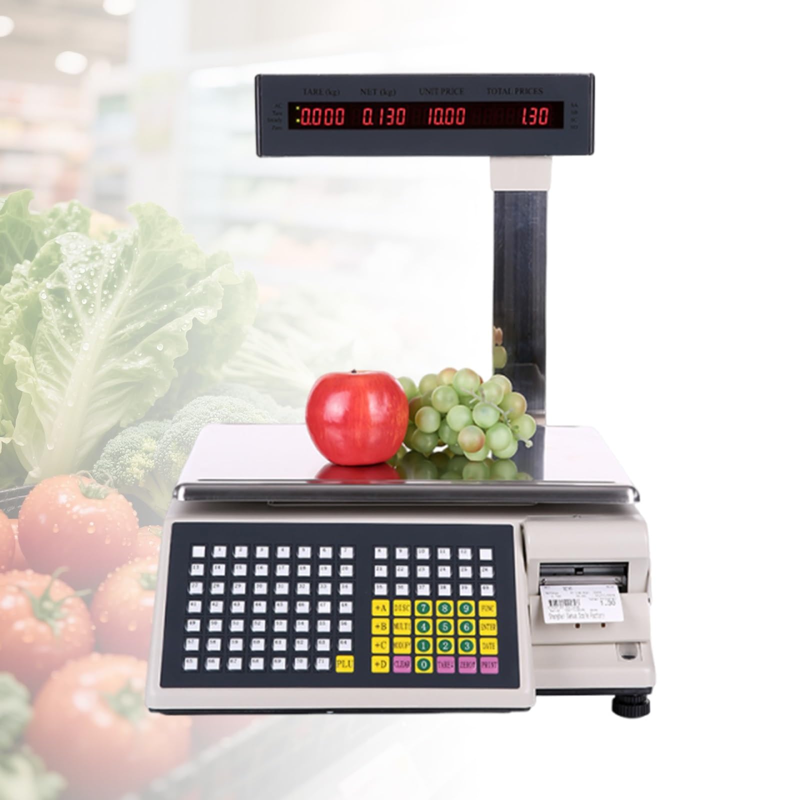 Kasa Fiskalna z Zintegrowaną Wagą Kalkulacyjną, Cyfrowa Waga Sklepowa Ladowa dla Retailu i Handlu, Podwójny Wyświetlacz LED, Raporty Sprzedaży w Czasie Rzeczywistym(30kg/10g)