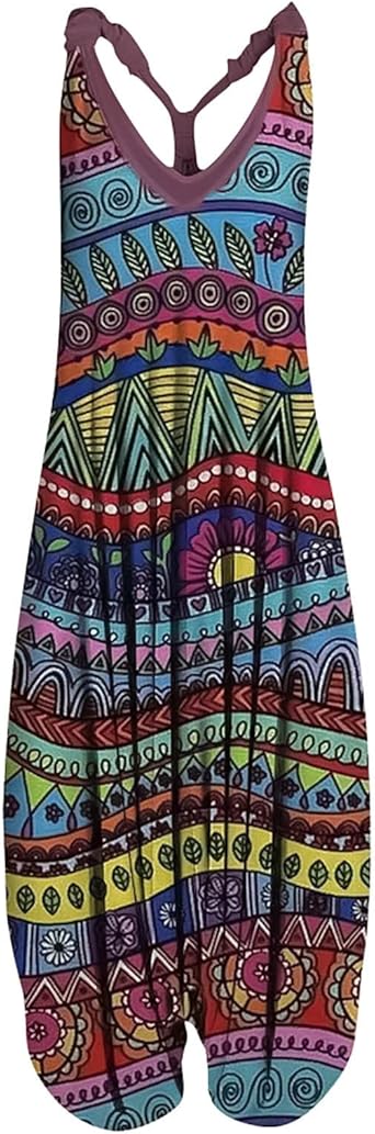 OIOLOYJM Summer Plus Size Boho Overalls for Women 2025 Fashion Jumpsuits Loose Fit Rompers Floral Printed Baggy Harem Pants