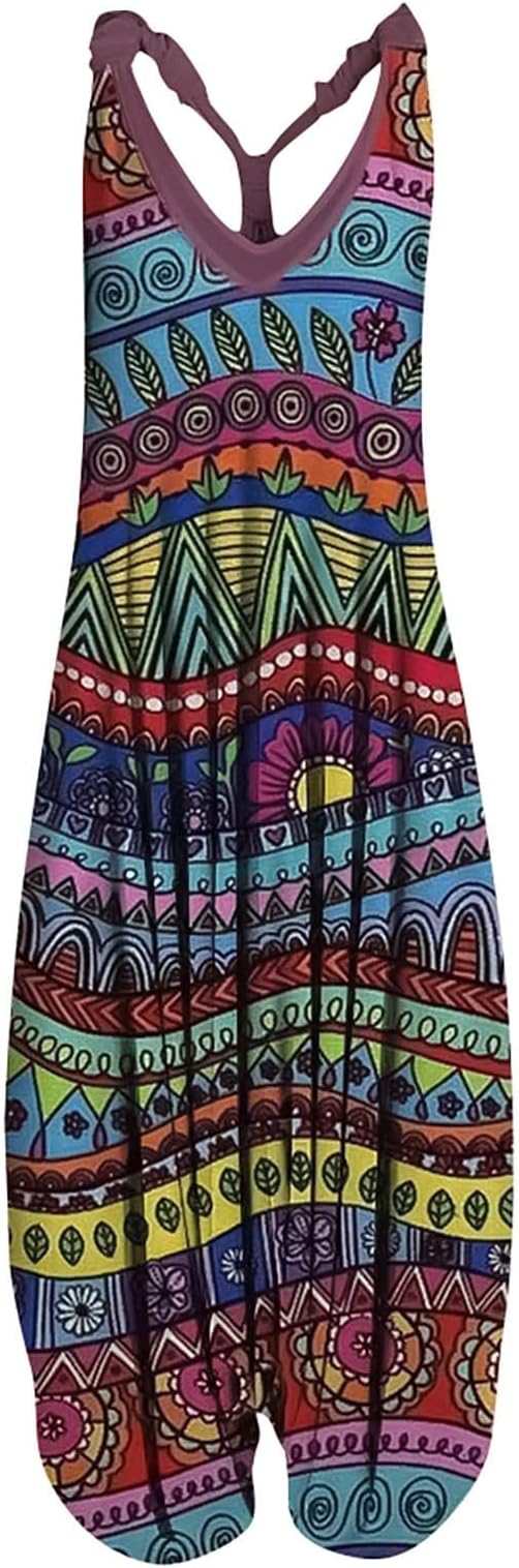 OIOLOYJM Summer Plus Size Boho Overalls for Women 2025 Fashion Jumpsuits Loose Fit Rompers Floral Printed Baggy Harem Pants
