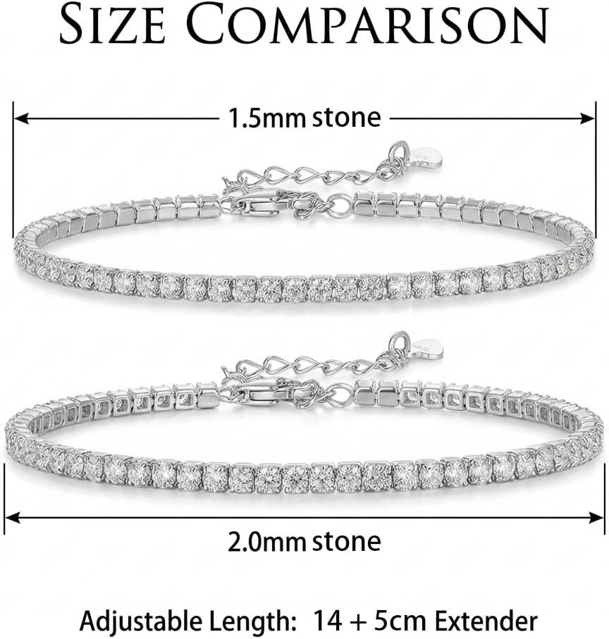 1.5mm/2mm Moissanite Tennis Bracelet D Color VVS1 Round Brilliant Cut Lab Diamond, s925 Sterling Silver Dainty Moissanite Bracelets for Women