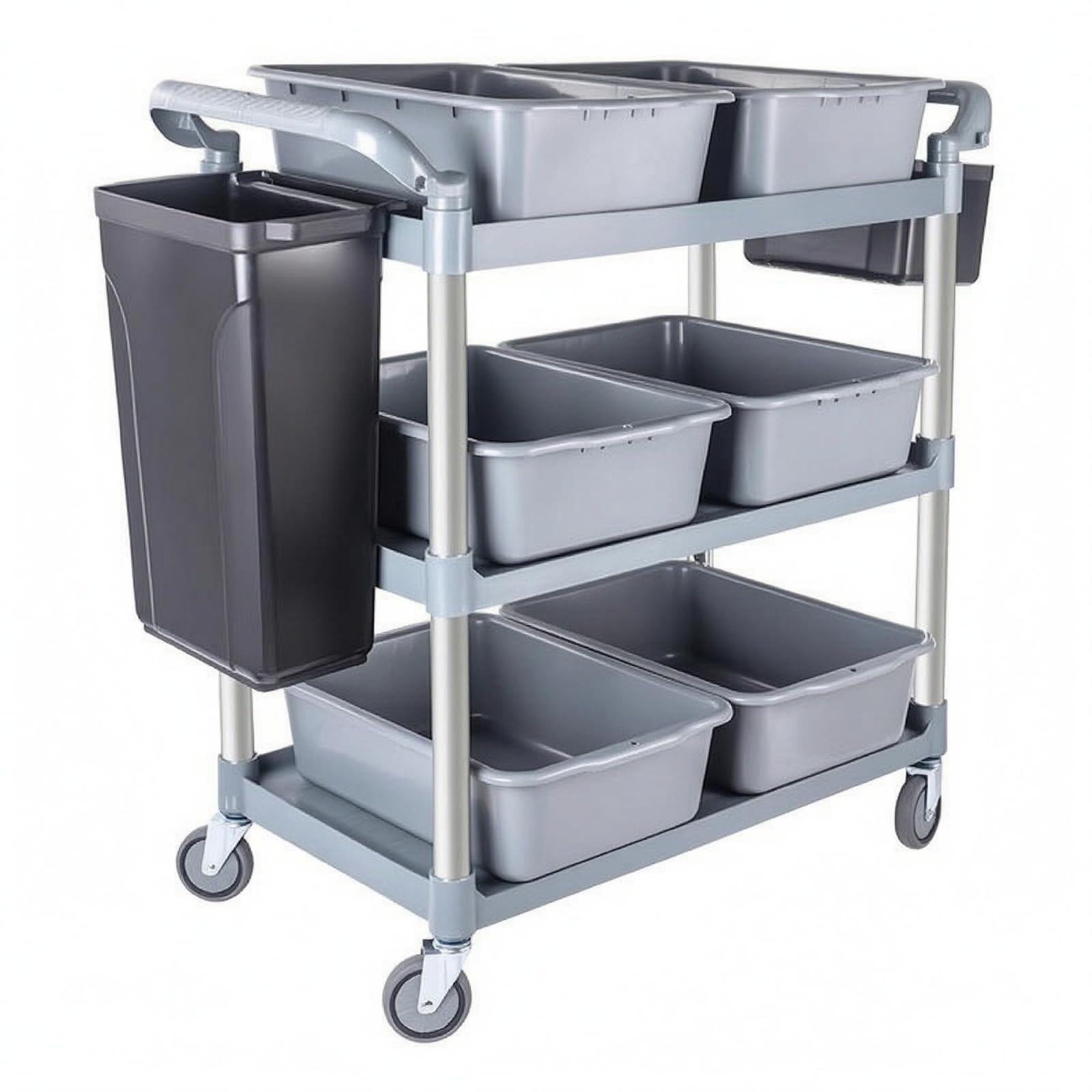 Baoblaze Carro de Servicio Comercial con Estructura de Metal Estantes Resistentes Ruedas Silenciosas y Agarraderas Laterales para Transporte Eficiente Adecuado, Gris, Ruedas Silenciosas con Freno