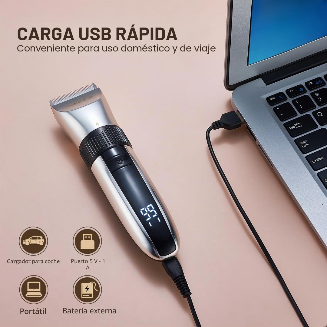 BarberBoss Cortapelos inalámbrico para perros, impermeable, cuchillas de cerámica, pantalla LED, carga rápida, cortadora eléctrica para mascotas (Plata)