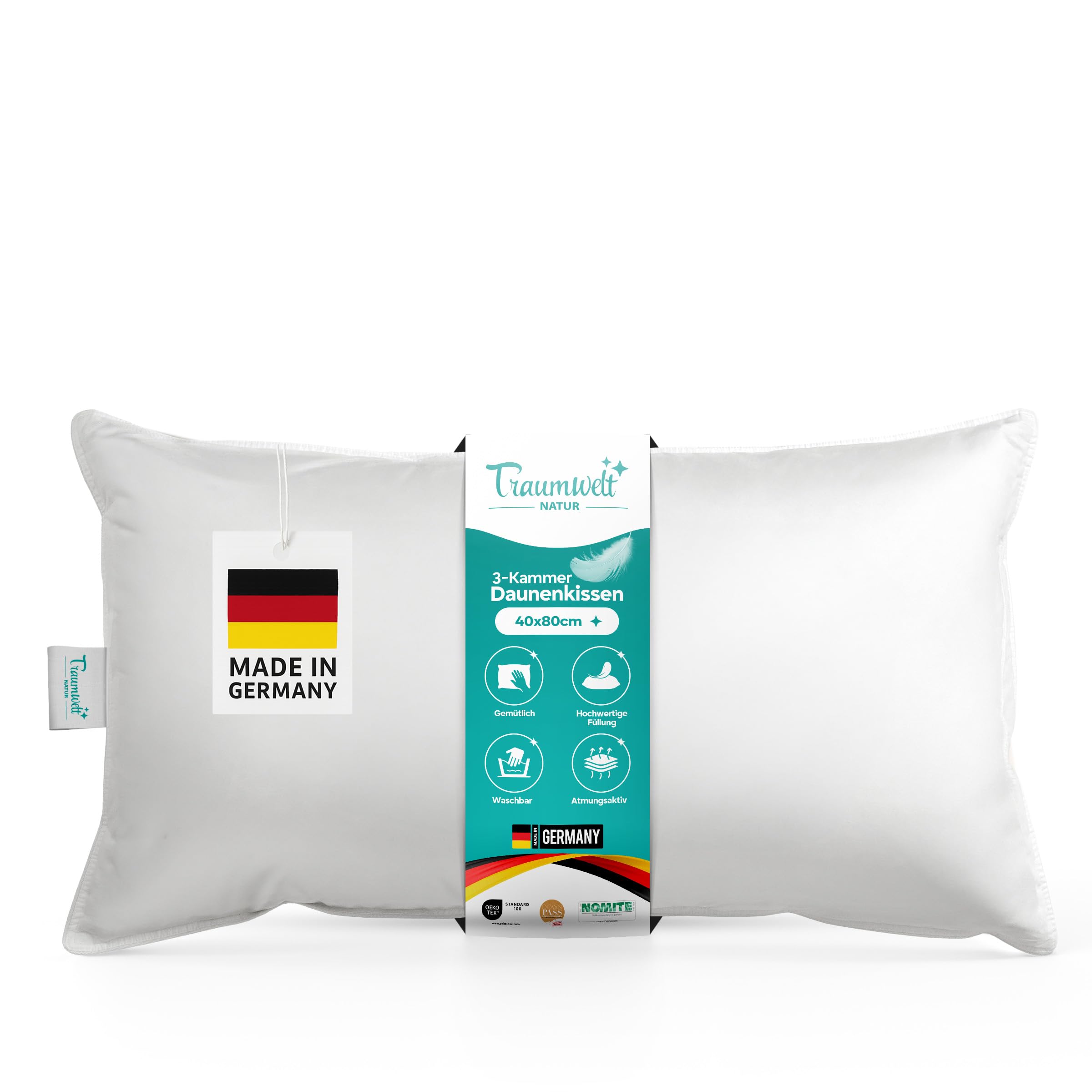 Traumwelt Natur Made in Germany 3-Kammer Daunen Kopfkissen, weiß, Allergiker geeignet, Öko-Tex 100 Klasse 1 Zertifiziert, Downpass