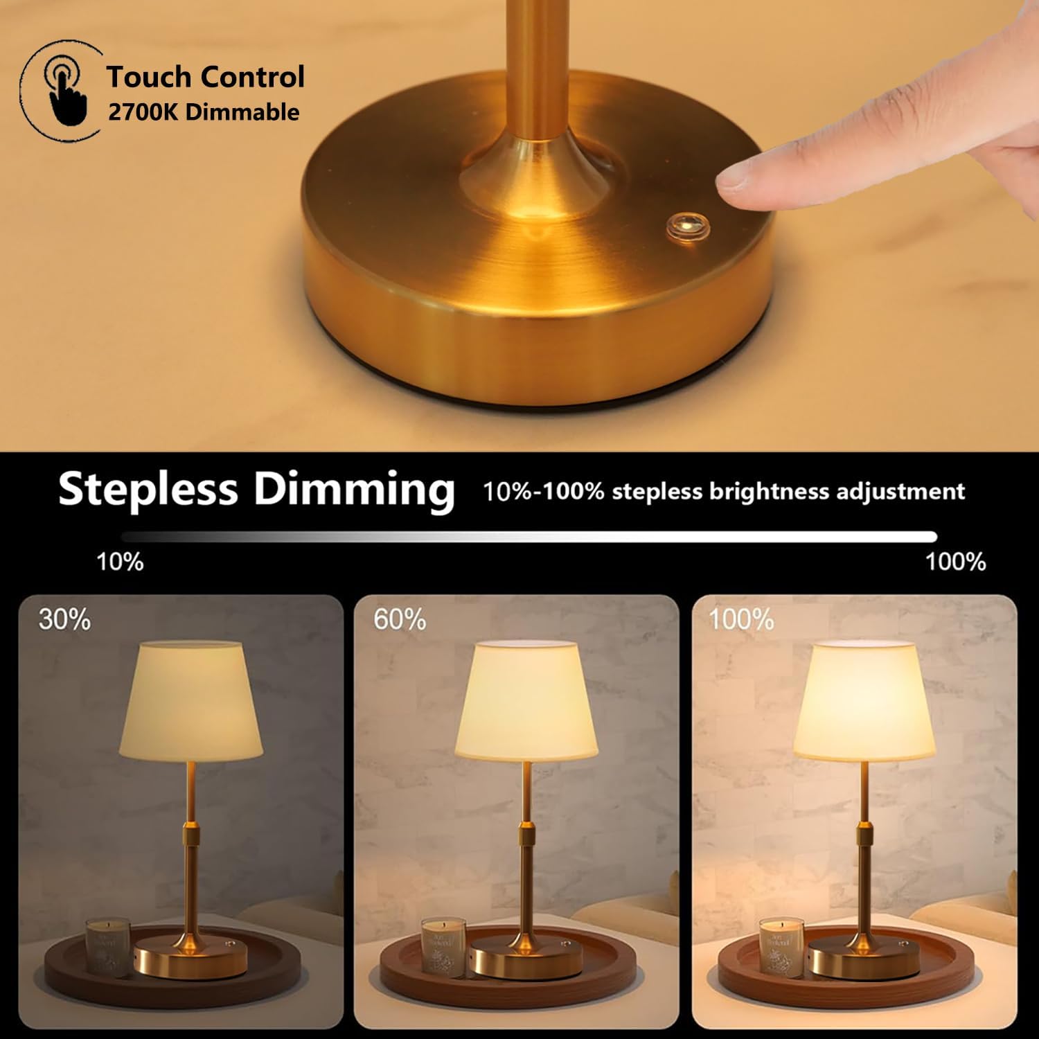 USB Rechargebale Lamp for Bedroom,Adjustable Desk Lamps,Reading Night Lights,Metal Round Line Fabric Table Lamp for Living Room (Gold)