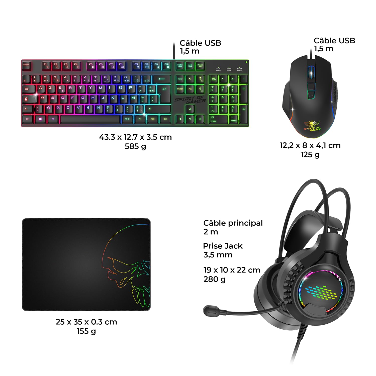 Spirit of Gamer - Ultimate 100, Pack Clavier Souris Gamer 4en1 Filaire RGB, Casque Gaming & Tapis en Tissu, Clavier Semi-Mécanique AZERTY FR, 6 Touches Anti-Ghosting, Souris Gamer 7 Boutons 8000 DPI