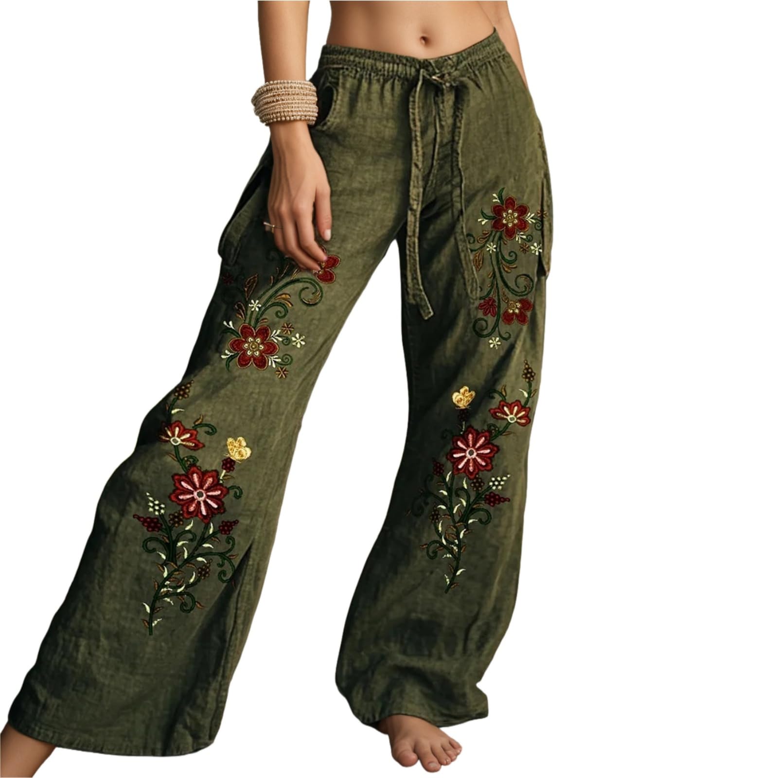 Womens Wide Leg Boho Floral Print Palazzo Pants High Waisted Casual Loose Drawstring Flowy Trousers